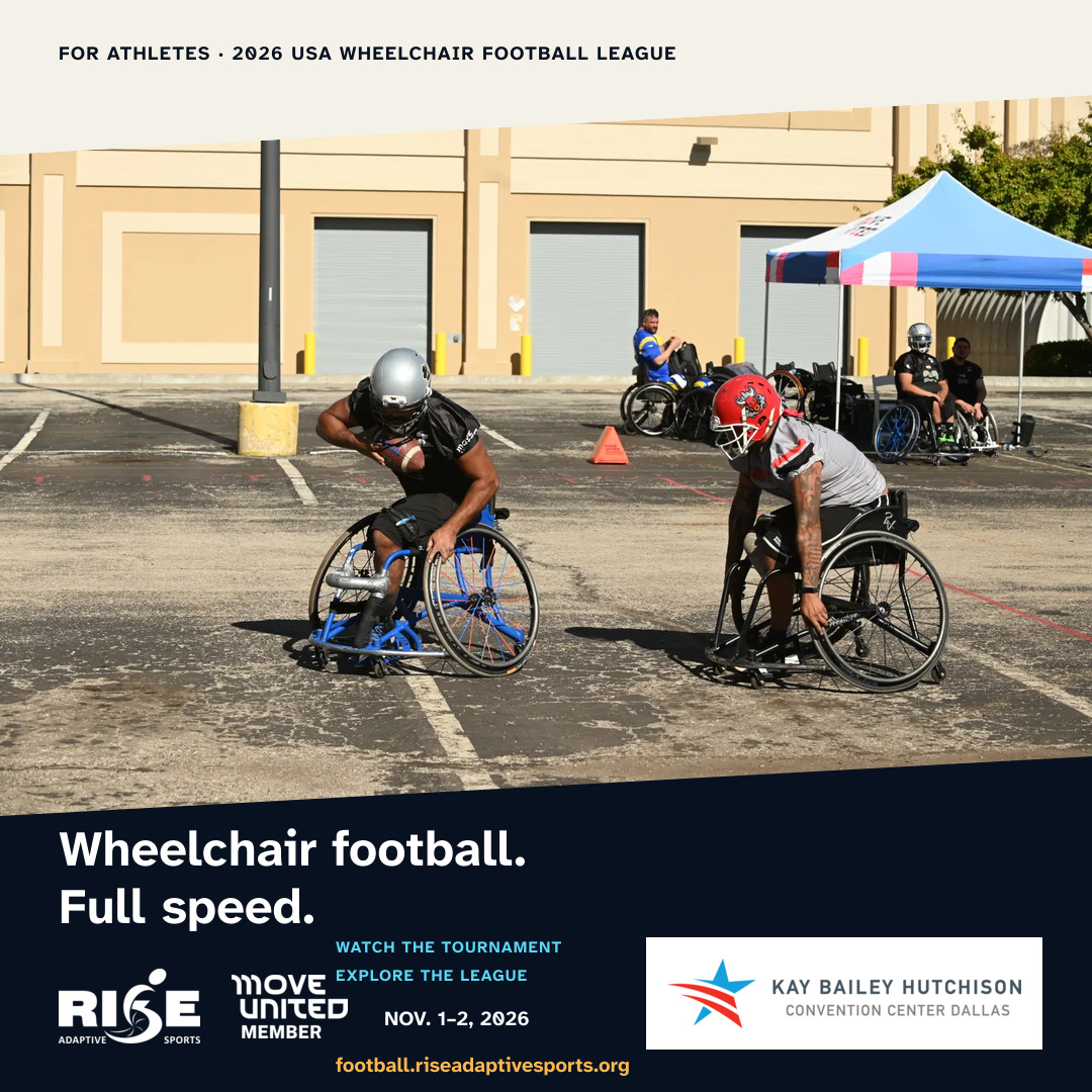 Athlete-focused 2026 USA Wheelchair Football League Dallas Tournament graphic featuring an Irving Outlaws ball carrier accelerating away from a defender.