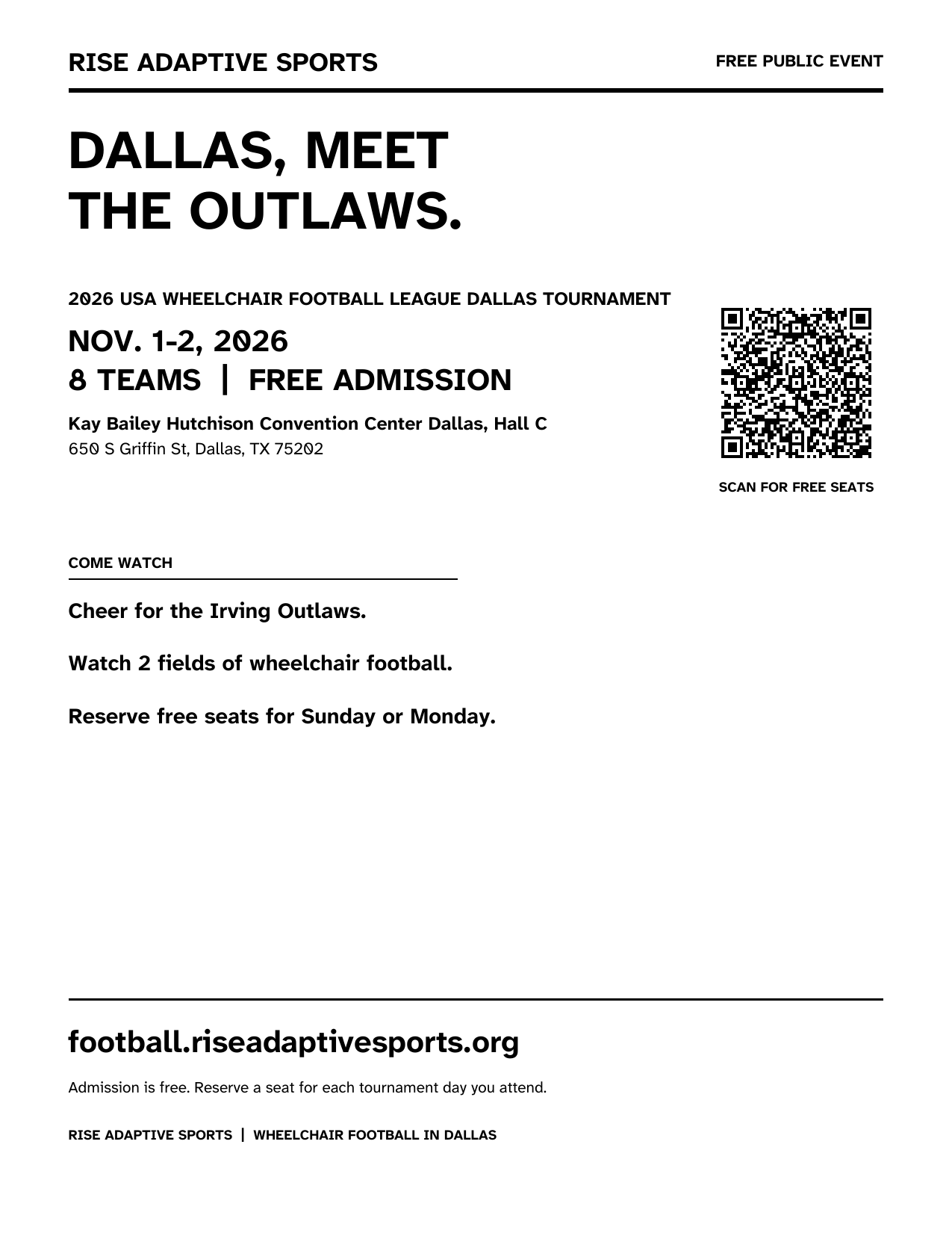 Preview of the black-and-white Dallas wheelchair football event flyer