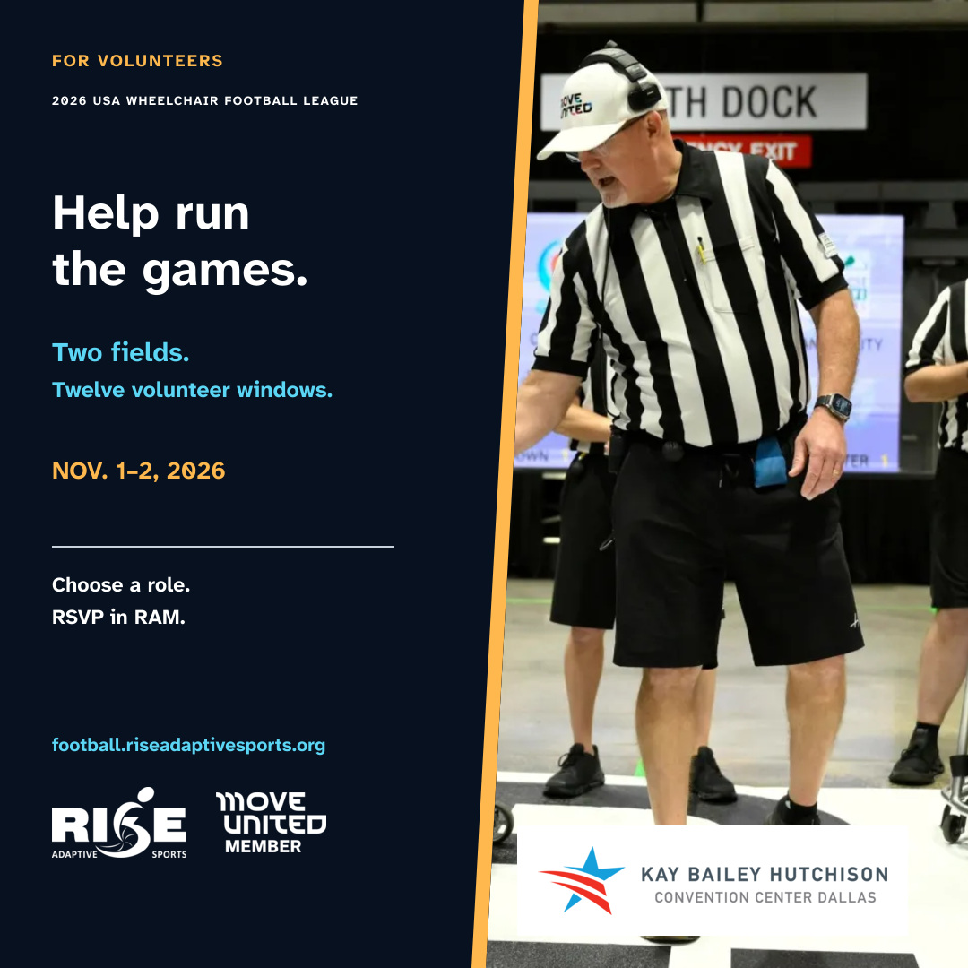 Volunteer recruitment graphic for the 2026 USA Wheelchair Football League Dallas Tournament beside a photo of players and officials at the coin toss.