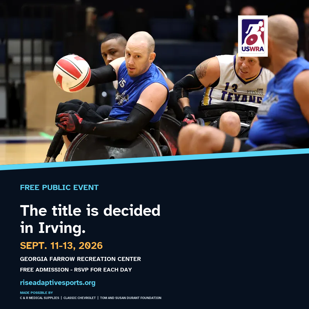 Wheelchair rugby fan graphic with the event dates, venue, and free-admission message
