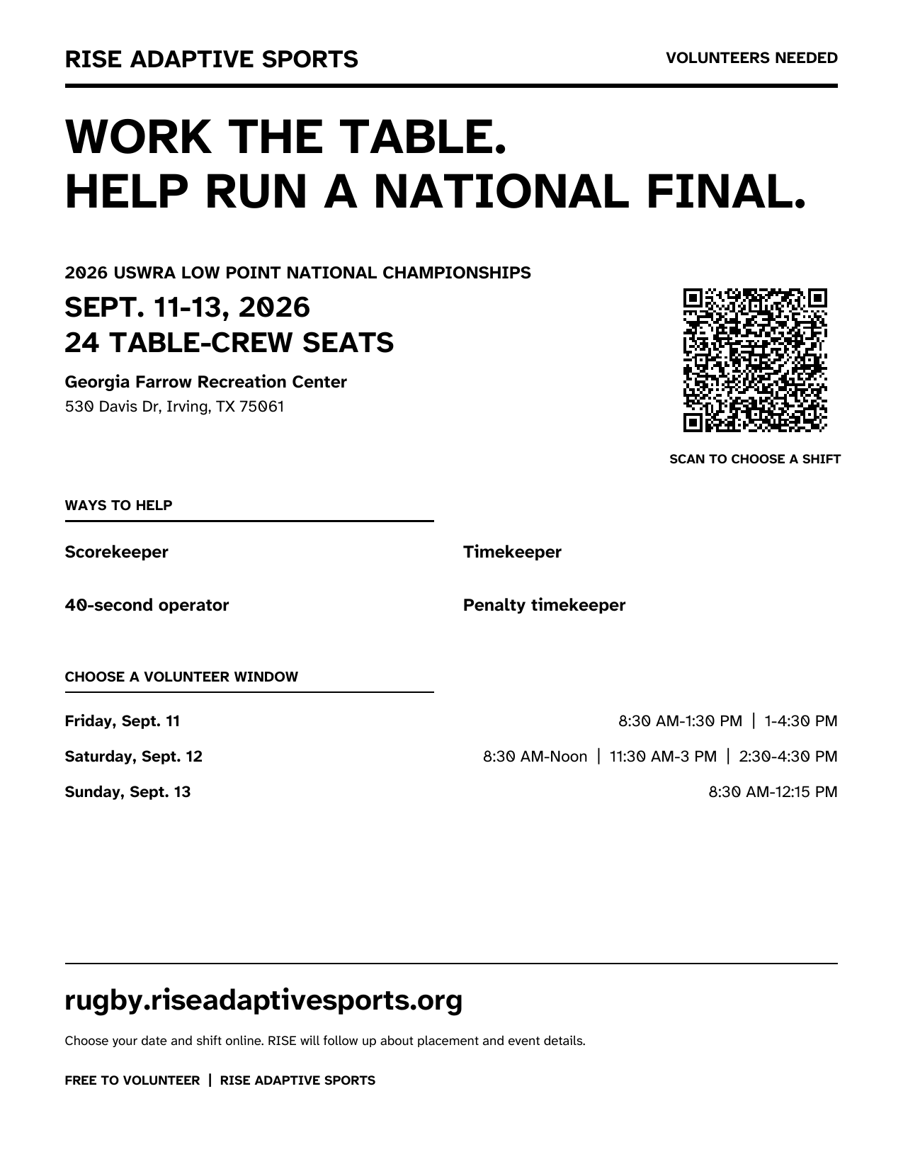Preview of the black-and-white rugby tournament volunteer flyer