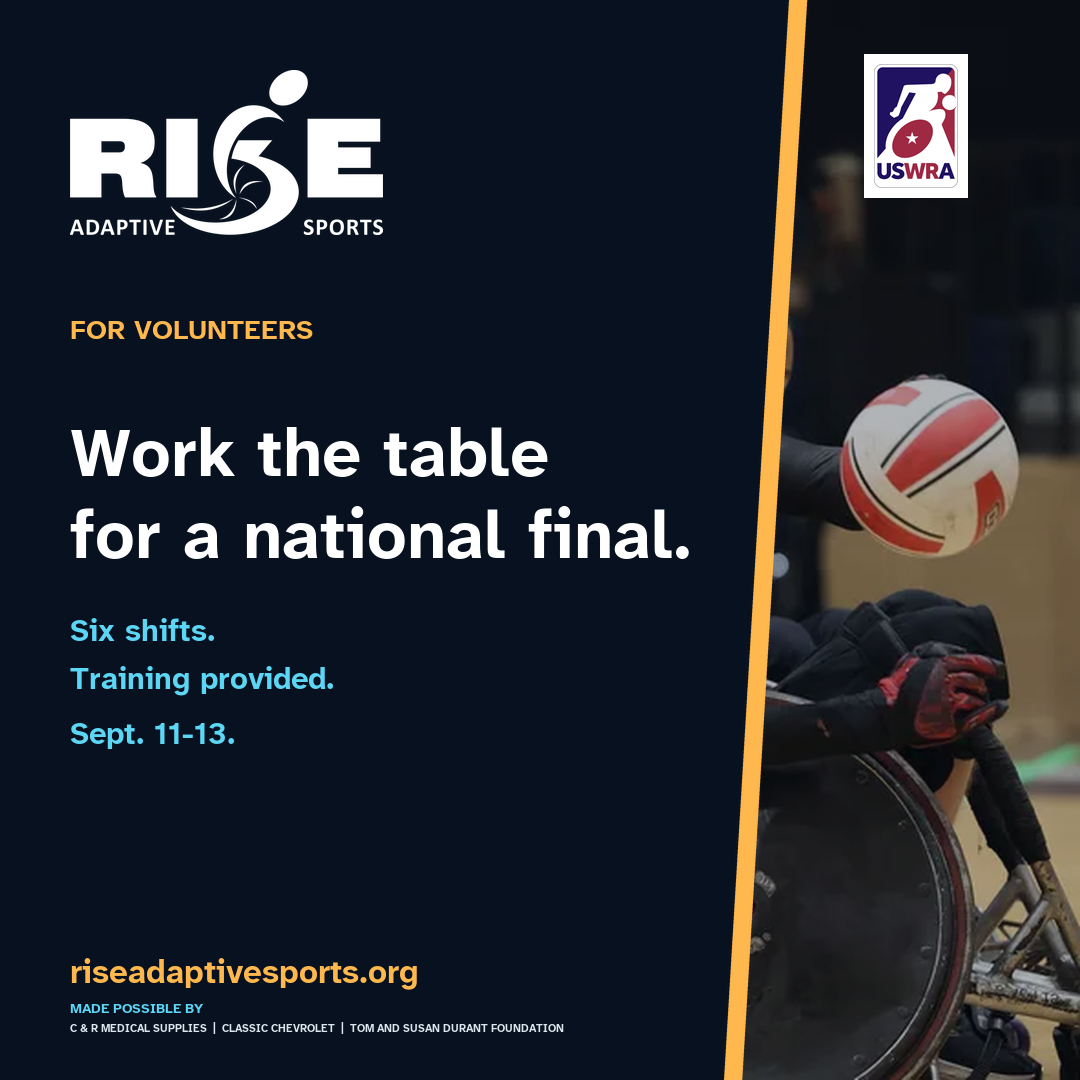 Wheelchair rugby volunteer graphic that invites people to work the table for the national final