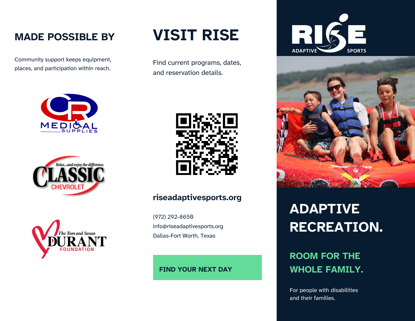 Two-sided color RISE Adaptive Sports trifold flyer