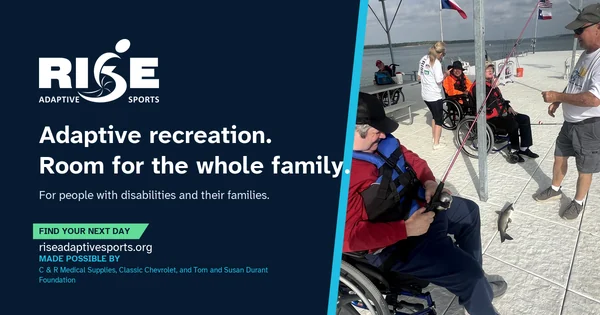 RISE Adaptive Sports Facebook graphic with a participant catching a fish from an accessible dock.