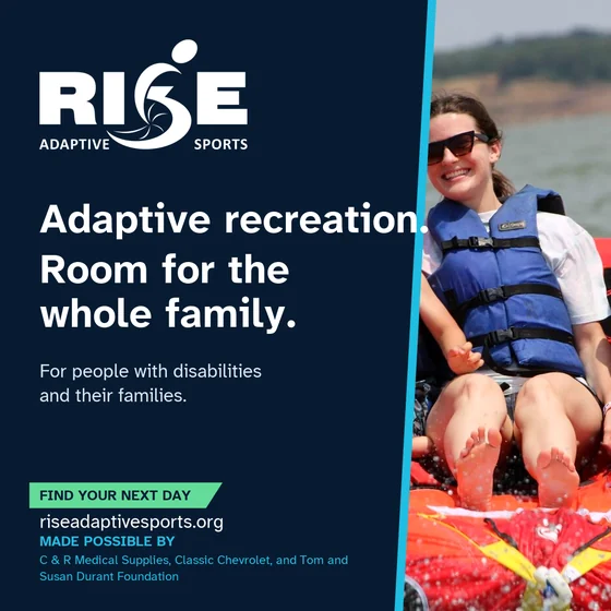 Square RISE Adaptive Sports graphic with a family tubing together on Lake Grapevine.