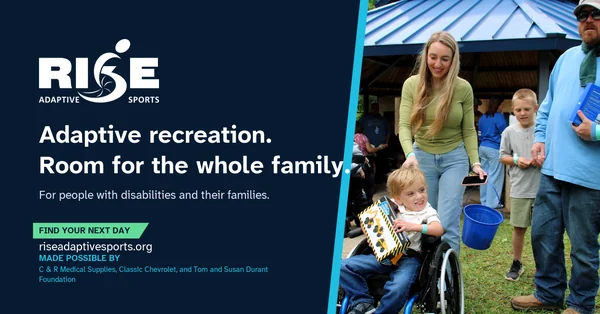 RISE Adaptive Sports LinkedIn graphic with a family participating in the accessible Easter egg hunt.