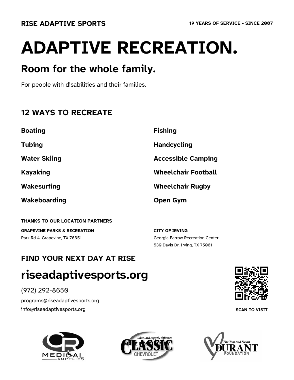 Black-and-white RISE Adaptive Sports flyer listing 12 ways to recreate
